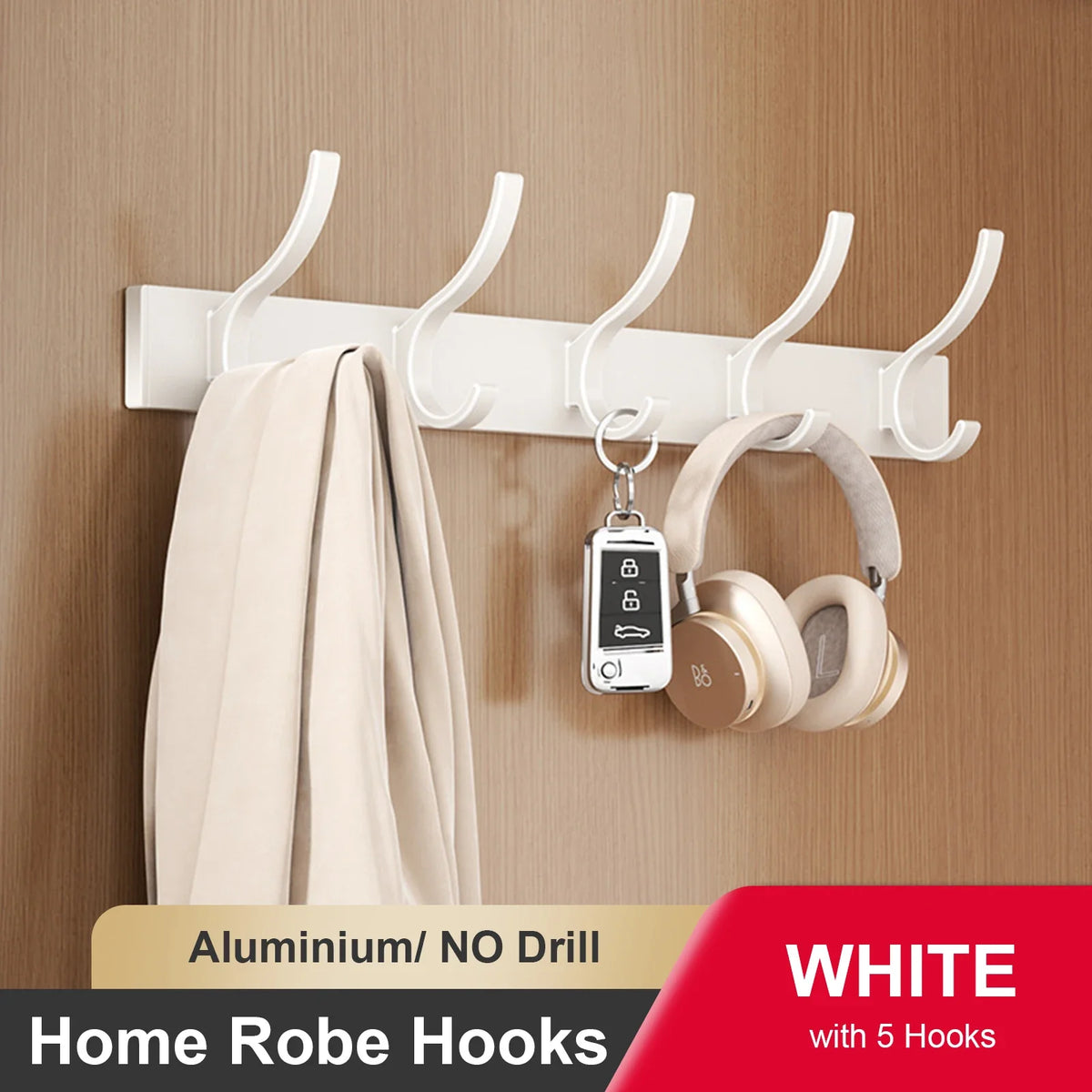 Wall adhesive hook for clothes and towels without drilling - White 5 Hooks