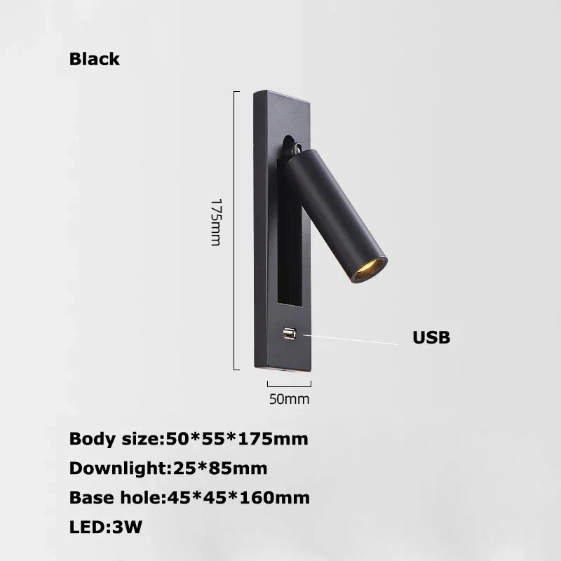 Black Brass Rectangular LED Wall Sconce with USB Port - White light / Black USB 1