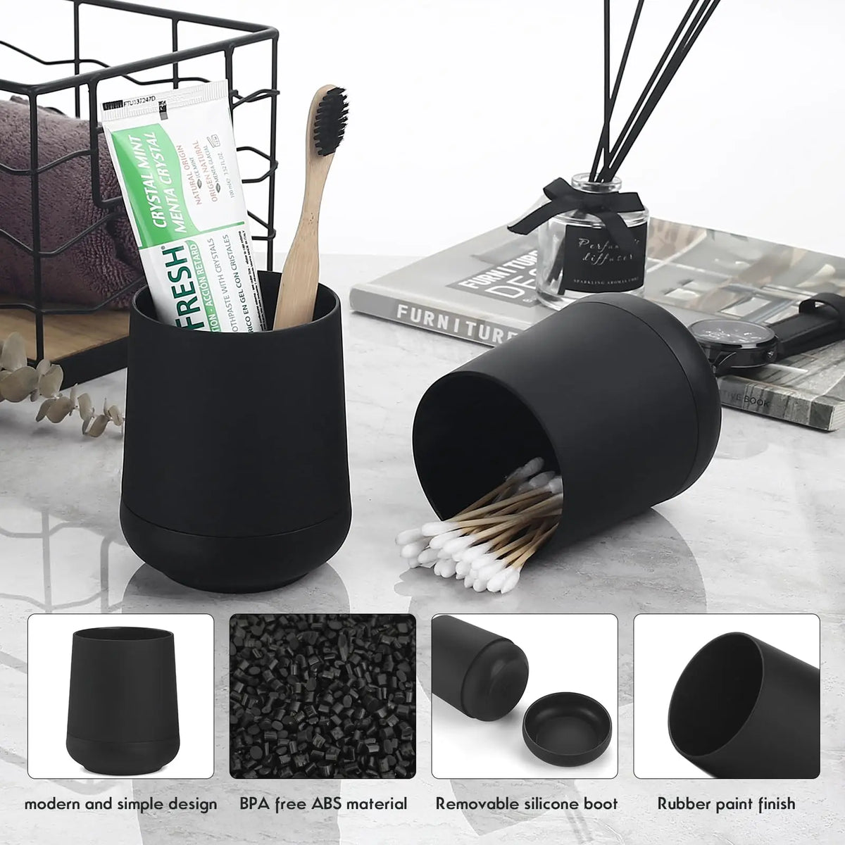 Matte Black toothbrush holders for bathrooms with silicon boot, Modern tooth brushing and toothpaste holder cup for bathroom Org - view 4
