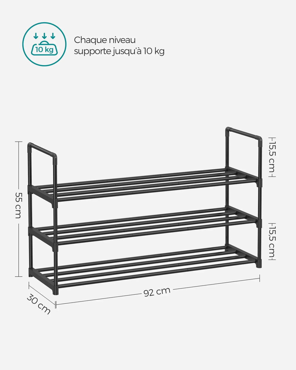 SONGMICS Shoe Rack 3 Tier, Metal Shoe Rack for 12-15 Pairs, Stackable, Hallway, Living Room, Bedroom, 30 x 92 x 55 cm - view 6