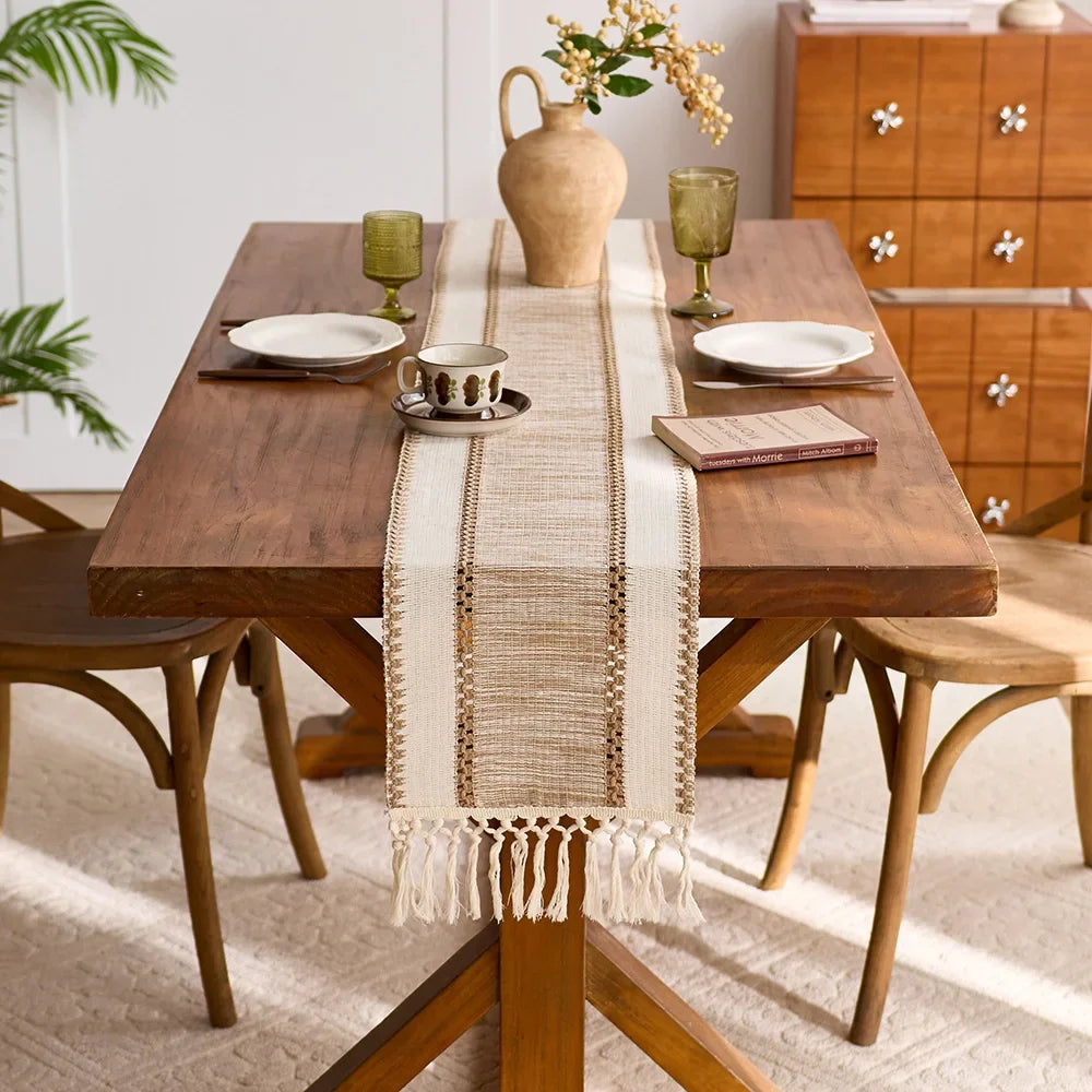 Macrame table runner bohemian khaki pom-poms - view 6