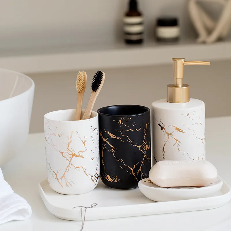 Black Marbled Bathroom Accessories Set, Ceramic Soap Dispenser, Toothbrush Holder, Box, Decoration - 5pcs