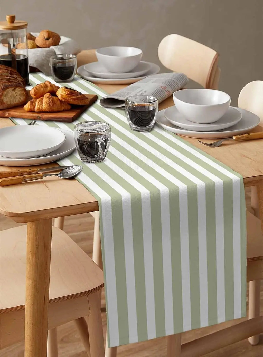 Sage Green Striped Linen Table Runner, Minimalist Country Style - view 5