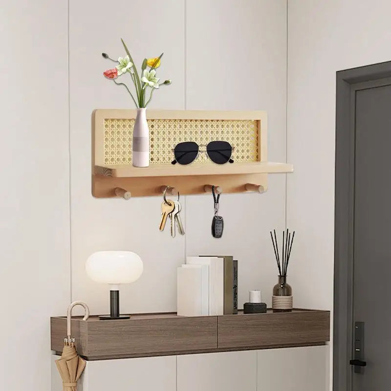 Wall shelf in rattan and wood with rustic and bohemian hooks - view 3