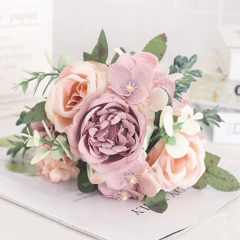 Artificial flowers silk peony hortensia decoration wedding bouquet - Purple 1