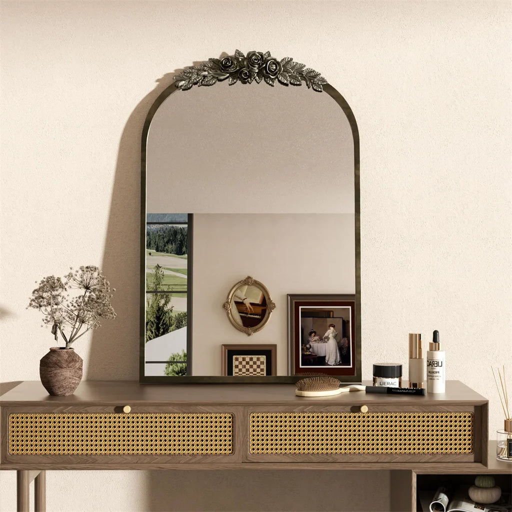 Antique Brass Arched Wall Mirror with Rose Accent for Fireplace - view 4