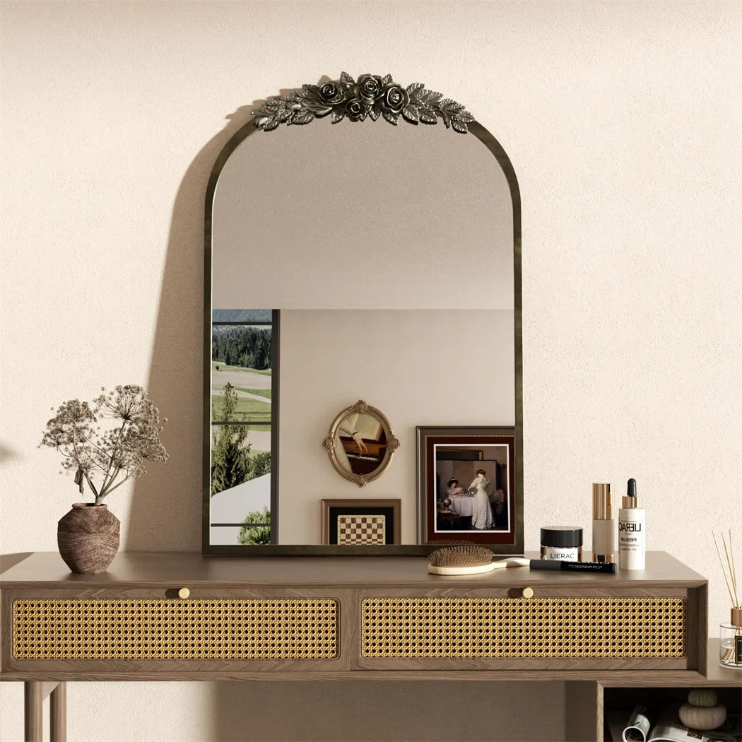 Antique Brass Arched Wall Mirror with Rose Accent for Fireplace - view 4