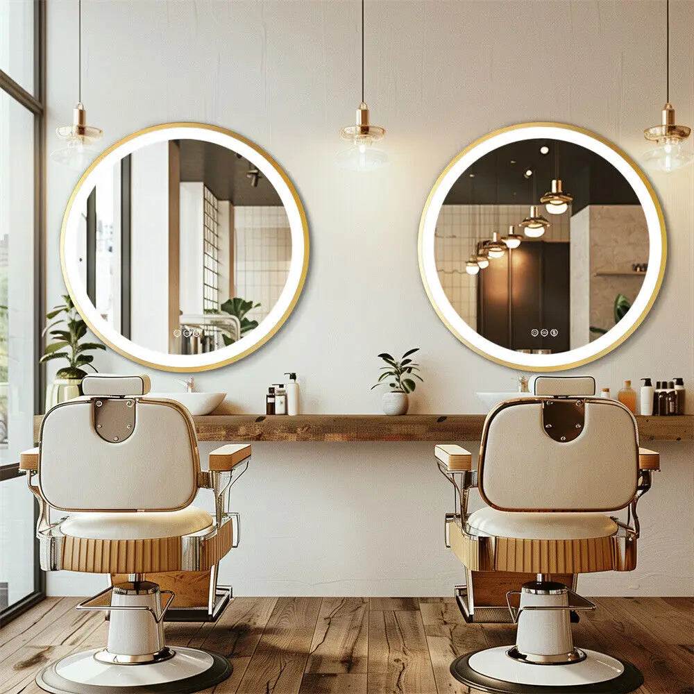 Round illuminated mirror with golden frame and memory function - view 3