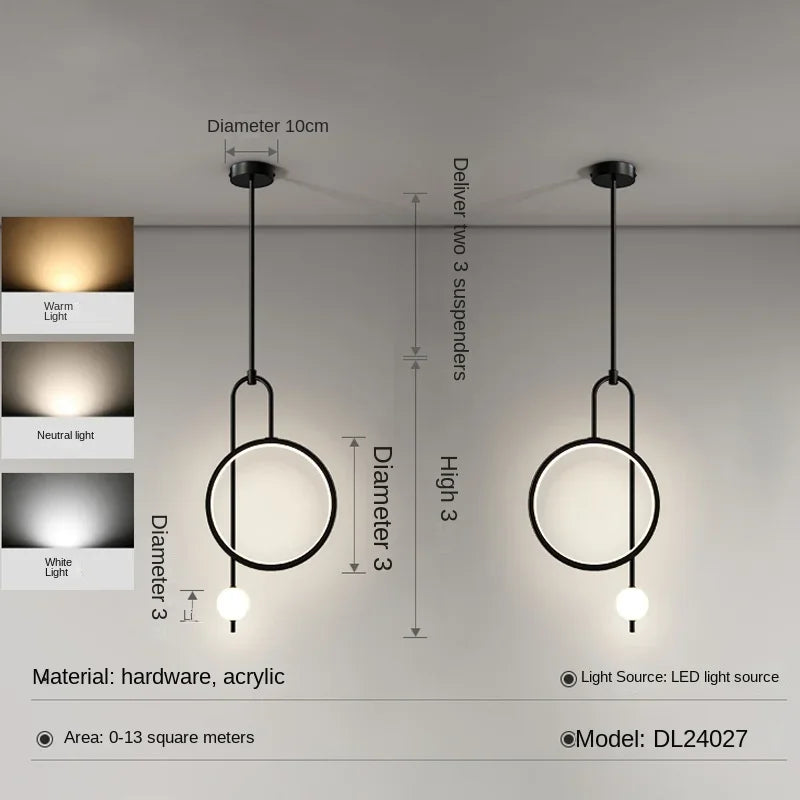 Modern pendant light with golden ring and Nordic minimalist lighting - Black Pair / White Light