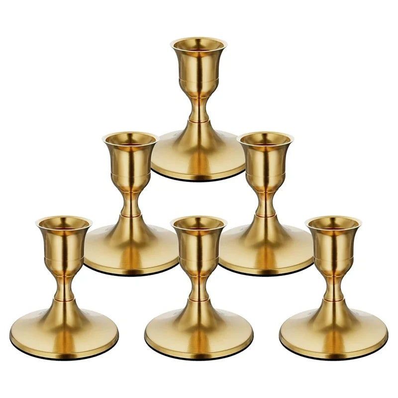 6PCS Brass Gold Taper Candle Holders, Vintage Metal Candlestick Holders For Dinner Room Table Centerpiece Or Mantel - As Shown