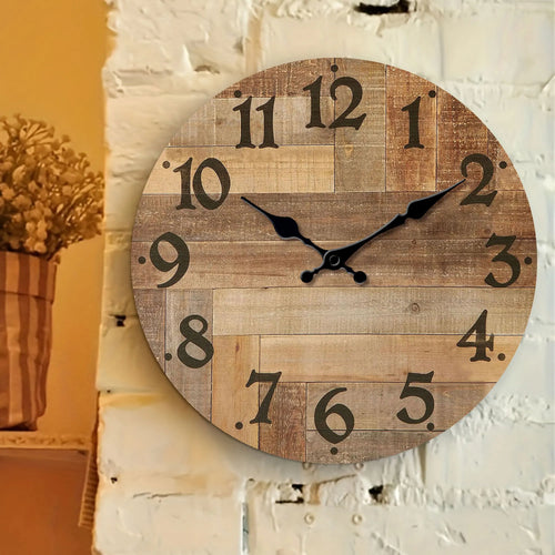 1pc Wooden veneer wall clock, Vintage style Brown wood texture design wall clock, round silent clock, suitable for living room b - view 2