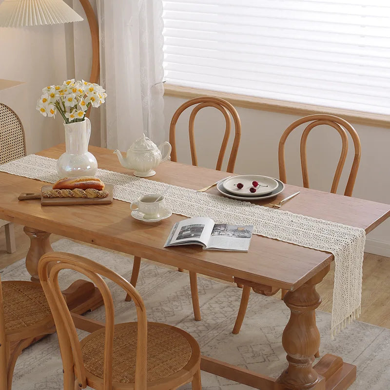 Beige table runner crochet vintage lace pom-poms - view 6