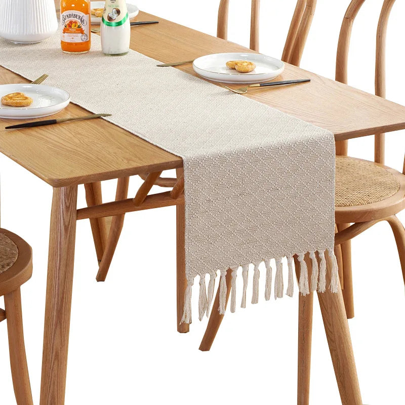 Embroidered Beige Linen Table Runner in Rustic Farmhouse Style - 32x160cm