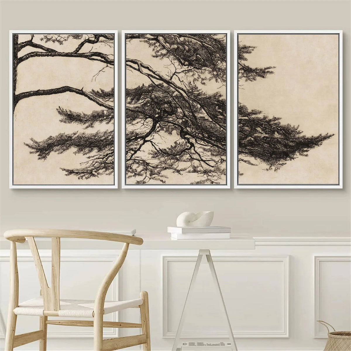 Vintage triptych rustic pine branch canvas wall decoration - view 3