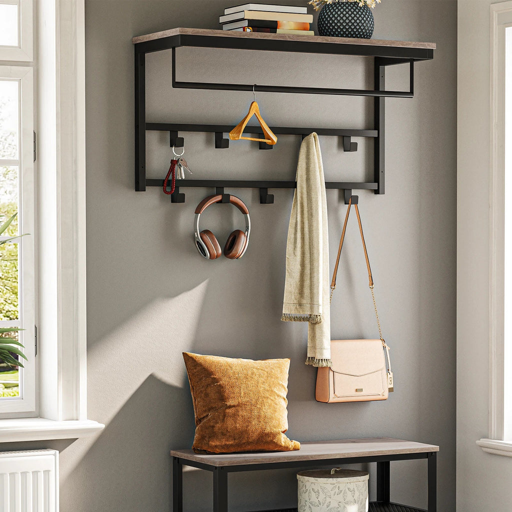 Wall Mounted Coat Rack with Shelf, Wall Shelf with 10 Hooks and Rods, Wall Mounted Hanging Shelf for Hallway Living Room - view 4