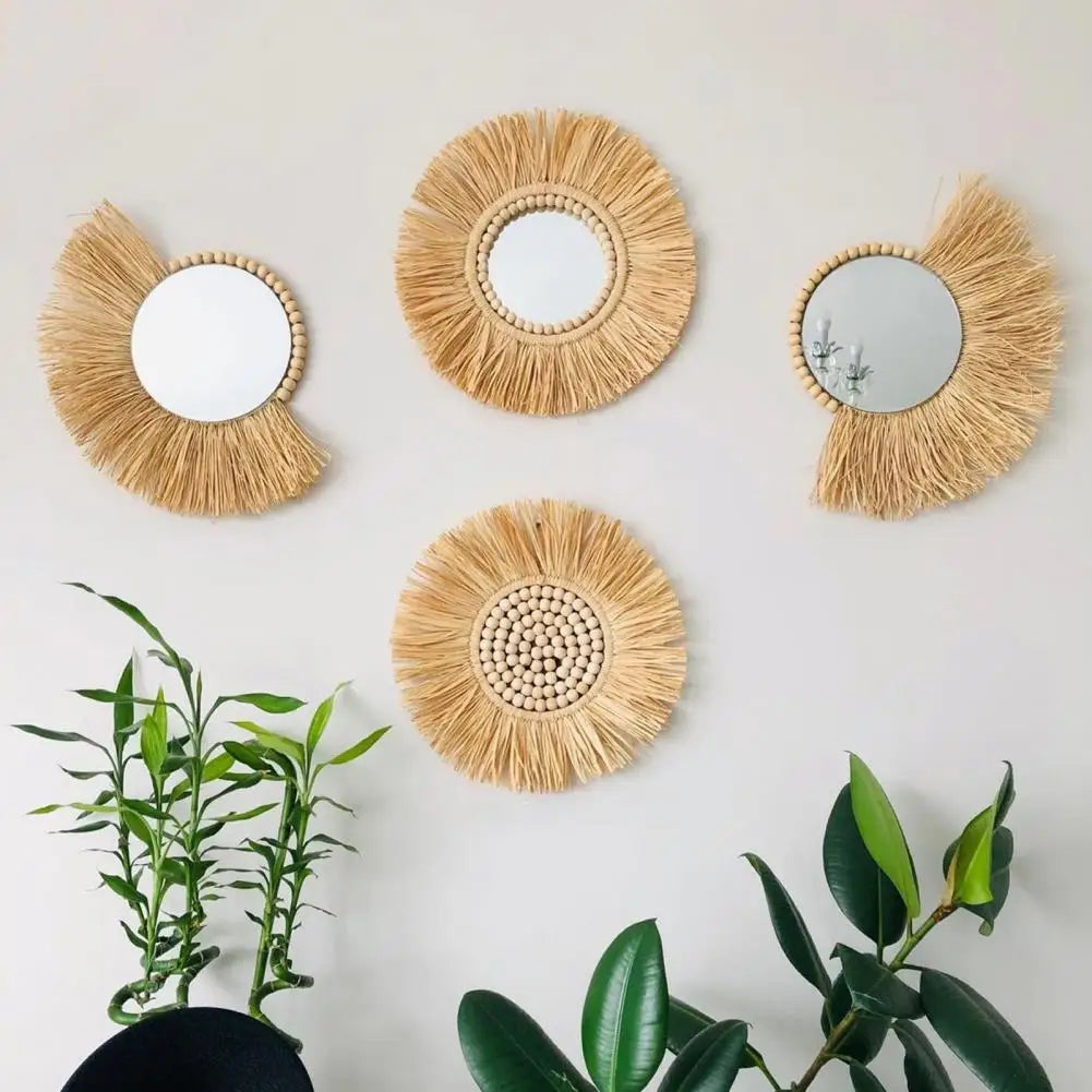 Hanging mirror in Raffia and decorative multifunctional wooden beads - view 3