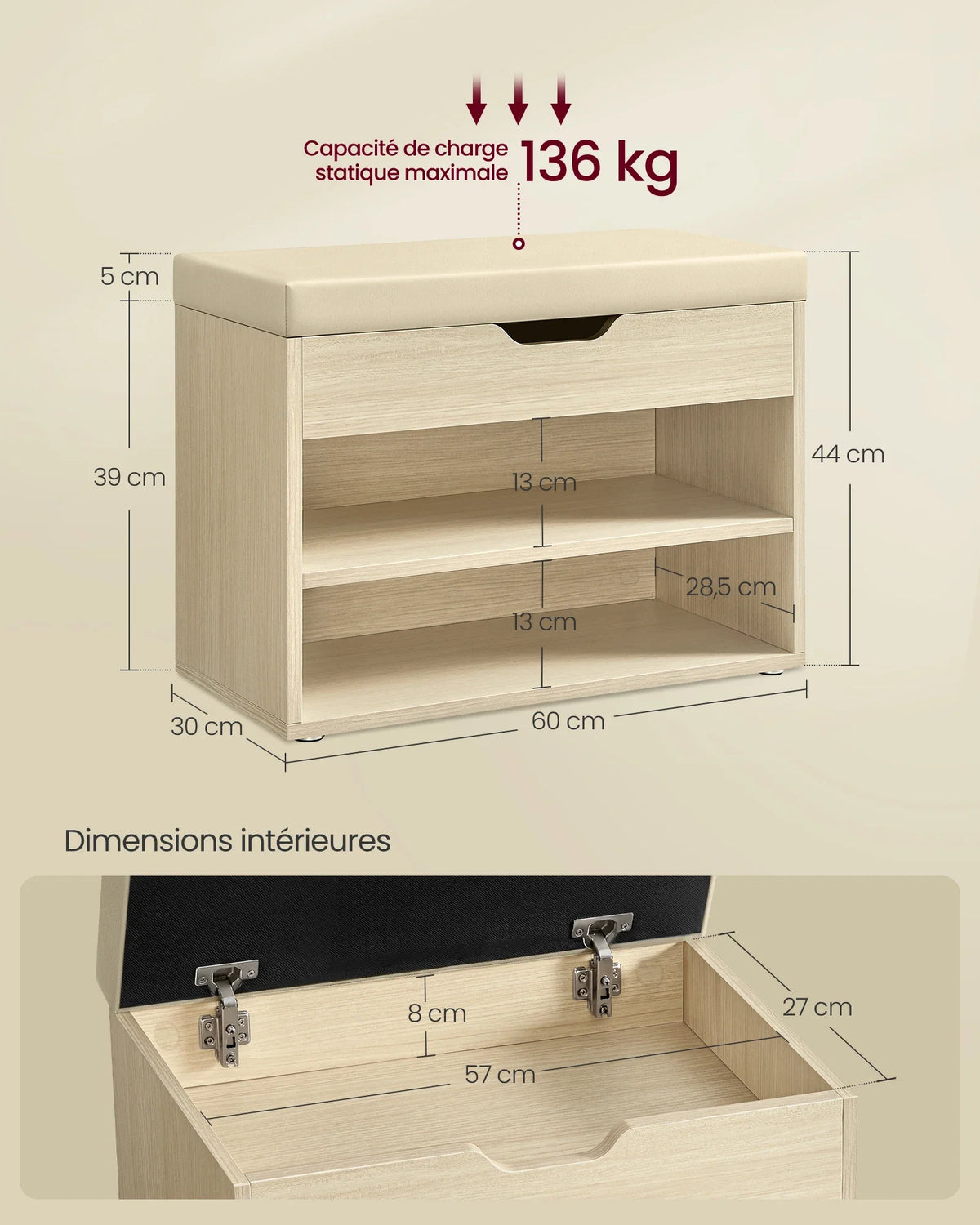 VASAGLE Shoe Bench, Bench, Shoe Rack with Padded Cushion, Shoe Organiser with 3 Levels, 30 x 60 x 44 cm, for Hallway - view 5