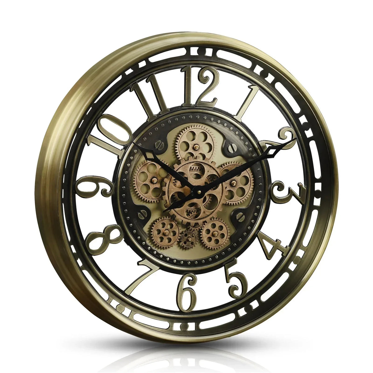 Industrial metal wall clock with decorative movable gears - Arab Gold Brass