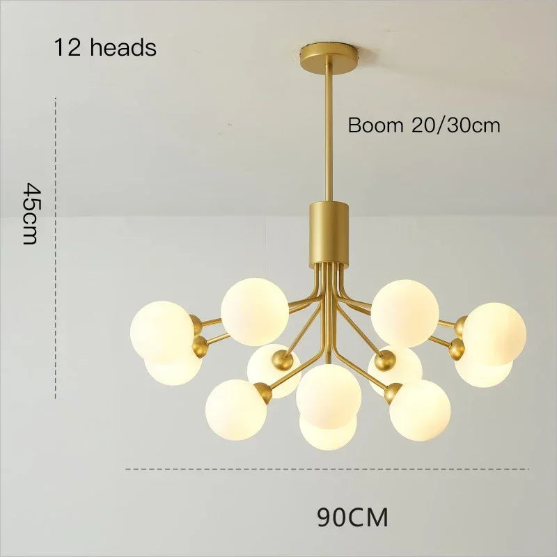Modern chandelier in bubble glass and decorative flowers - 12 Gold Heads / 3 couleurs