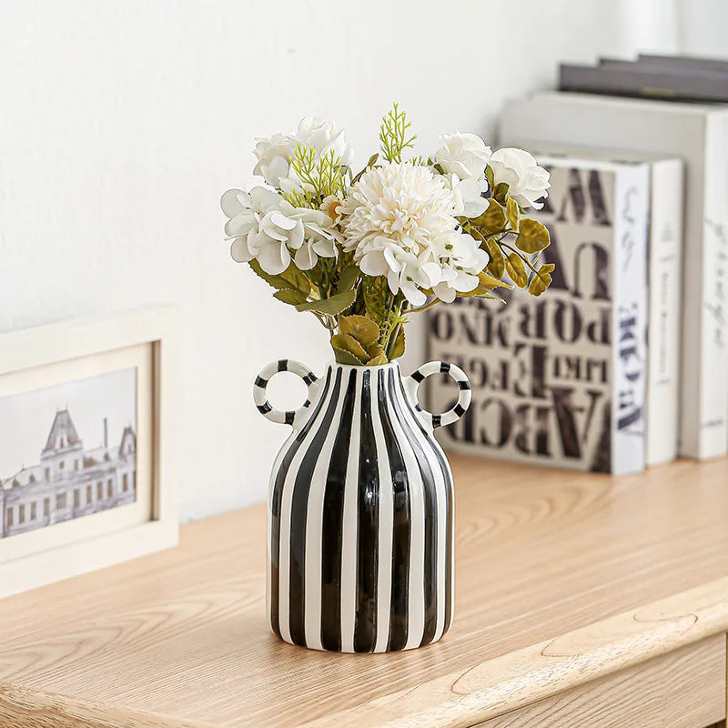 Double Ear Ceramic Vase, Abstract Black and White Striped Hydroponic Vase, Living Room Decoration, Room Aesthetic Decoration - view 4