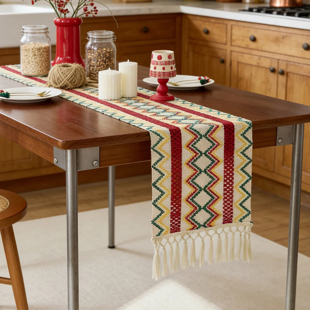 Bohemian table runner Aztec pattern woven pom-poms - view 5