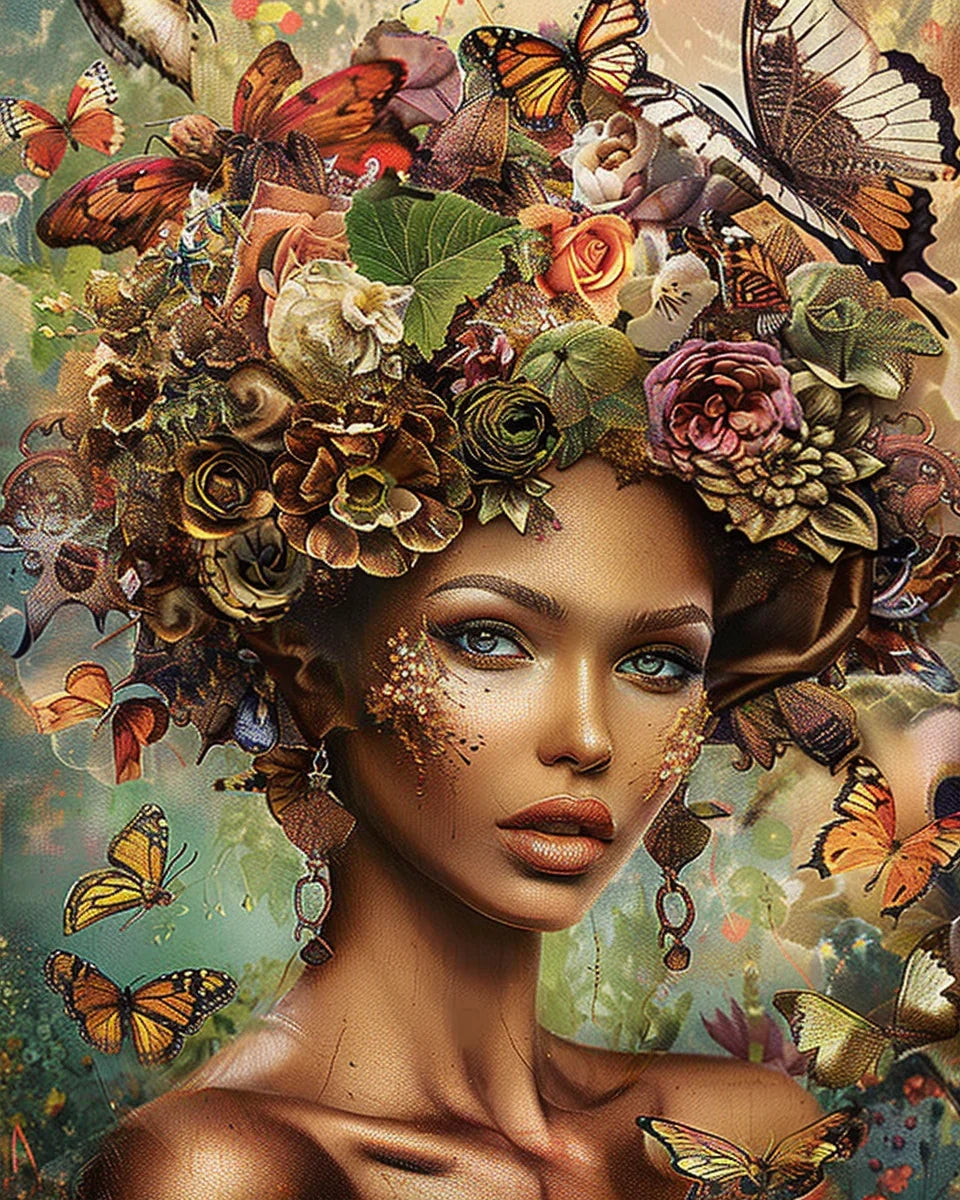 Painting by ethnic numbers girl butterfly flower artistic kit - H6525 / No Frame 30x40cm