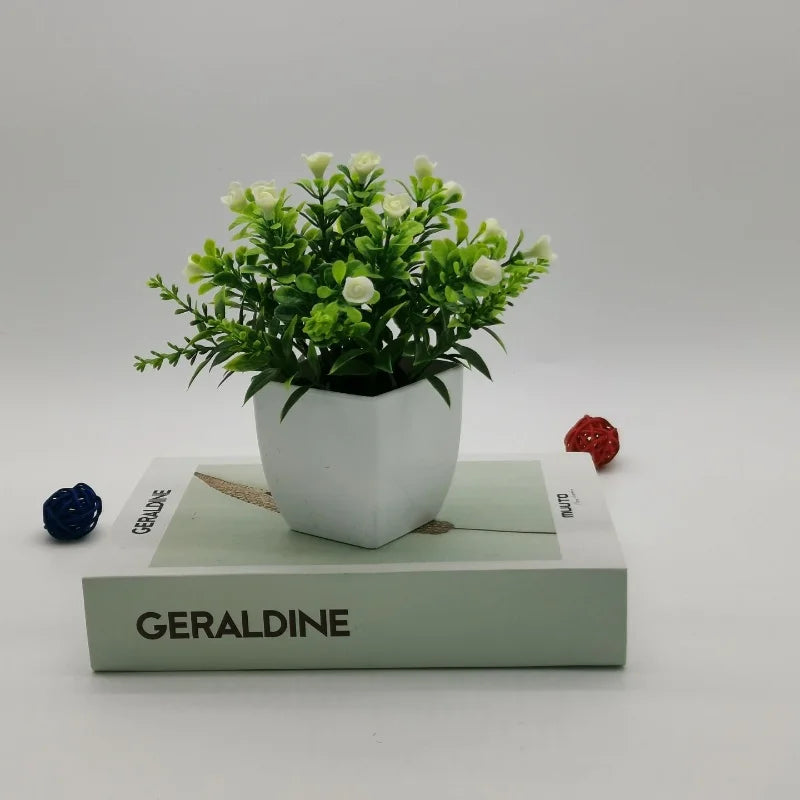 Small rose in pot bonsai decoration artificial plants for indoors - White