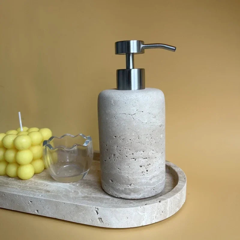 Wholesale Customized Natural Yellow Travertine Marble Stone Refillable Bathroom Liquid Dispenser, Lotions Soap Container - Silver / (7.5-8)x18CM