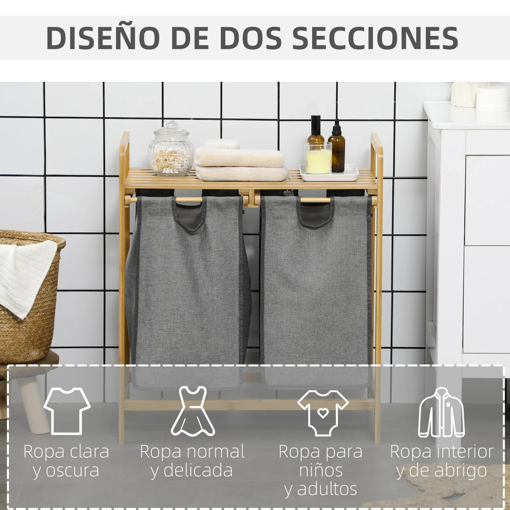 HOMCOM bamboo dirty laundry basket with 2 bags removable 63,5x33x73cm Natural - view 5