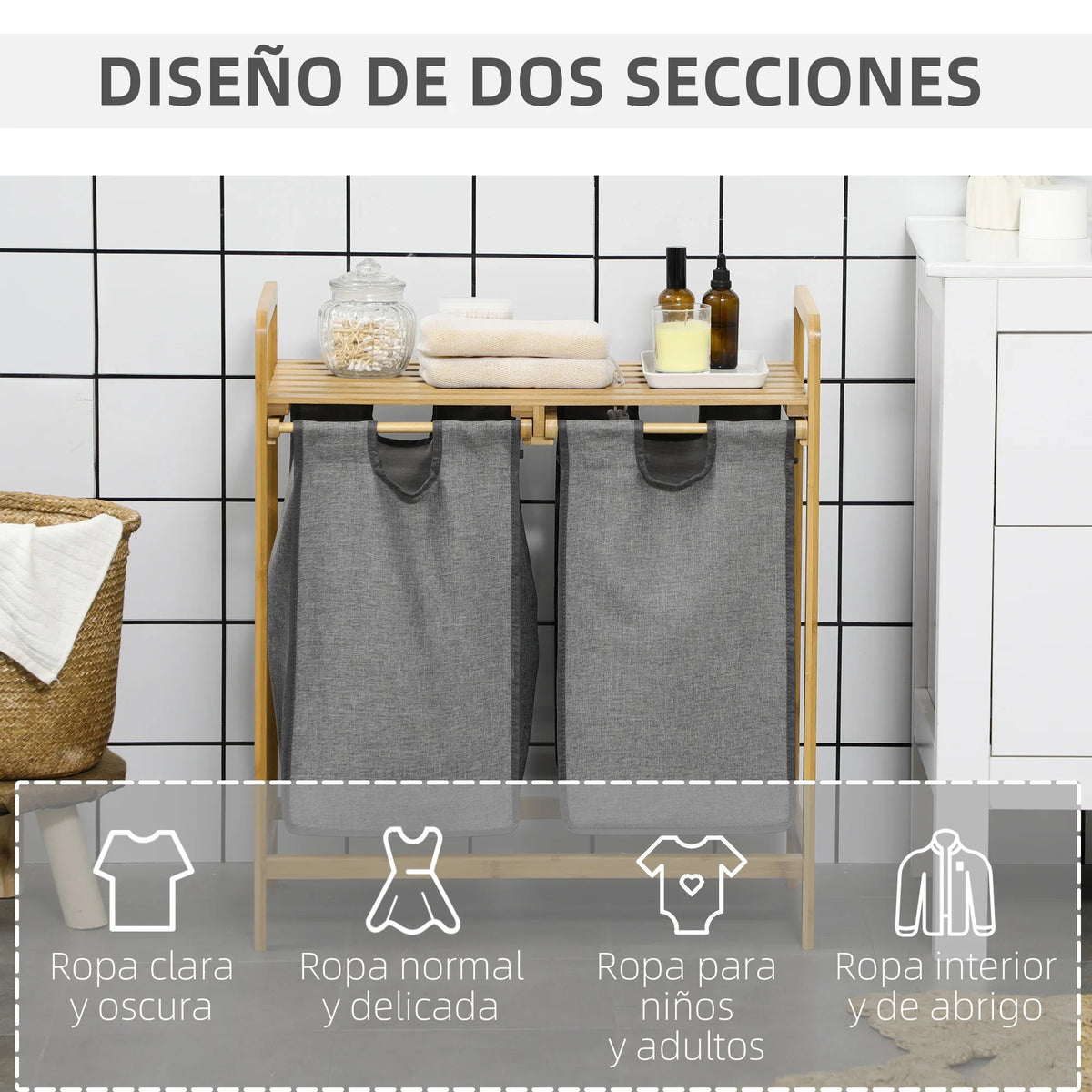 HOMCOM bamboo dirty laundry basket with 2 bags removable 63,5x33x73cm Natural - view 5