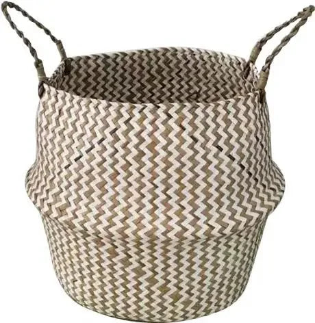 Folding rattan basket for storage and decoration - White Stripes / Diameter 38CM X 33CM