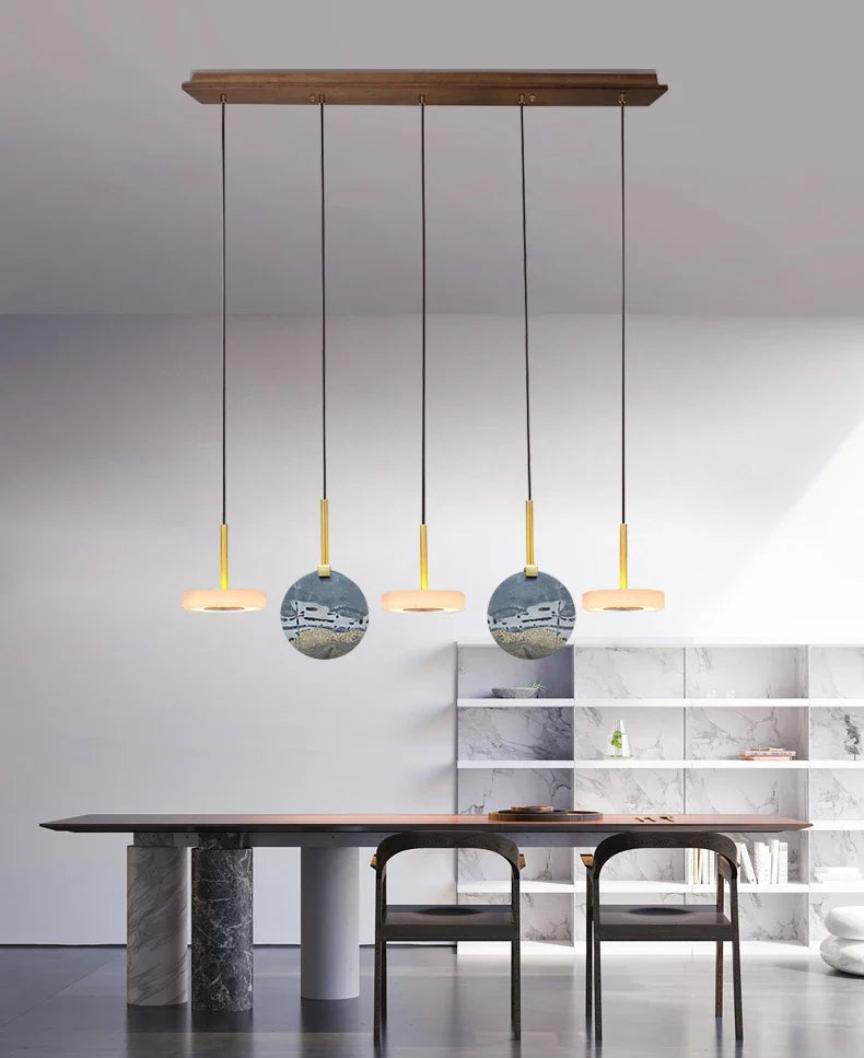 Hanging chandelier in natural wood or gold marble with led lighting