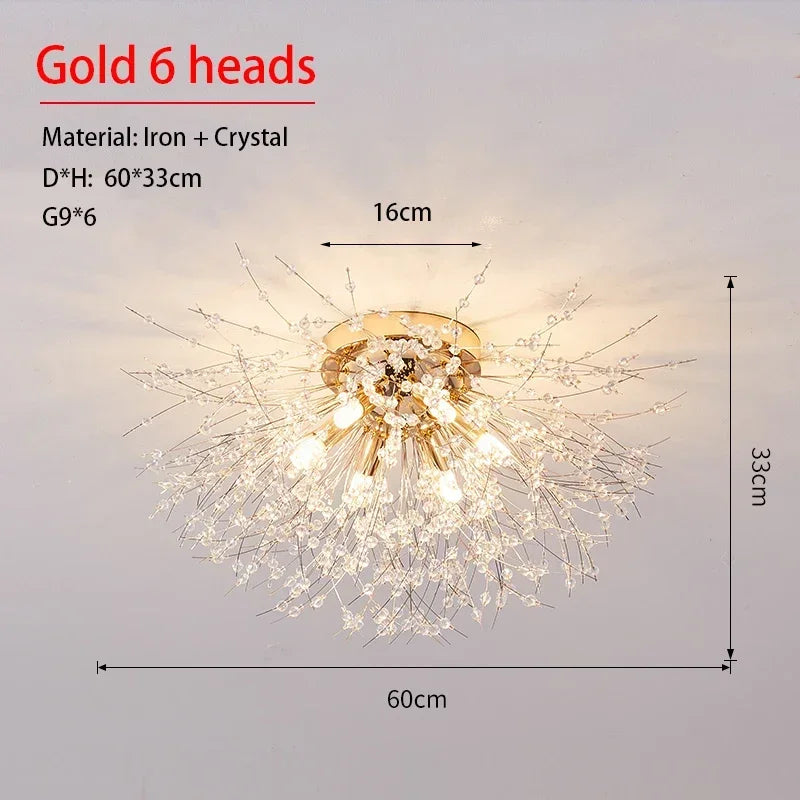 Modern Dandelion Crystal Pendant, Living Room, Dining Room, Bedroom Ceiling Light, Room Light, Fireball Decorative Light - Gold 6 heads / 220V / Warm White