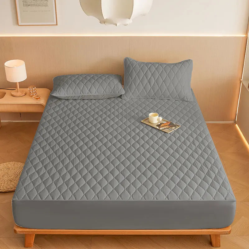 1PC Thicken Solid Color Checked Mattress Cover,Cotton-padded Breathable,Dust Proof,All SeasonsSuitable For The Bedroom, - Light Grey / 180x200cm