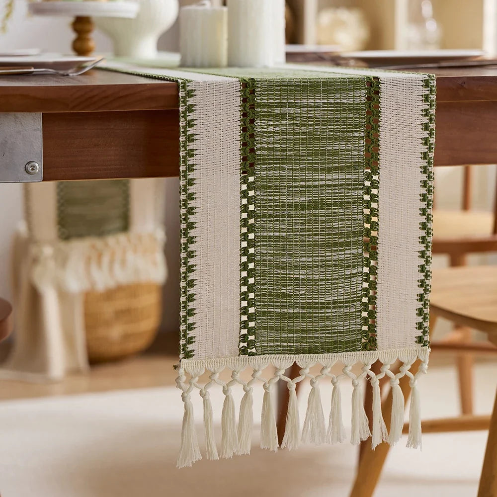 Striped table runner beige bohemian pom-poms - view 4