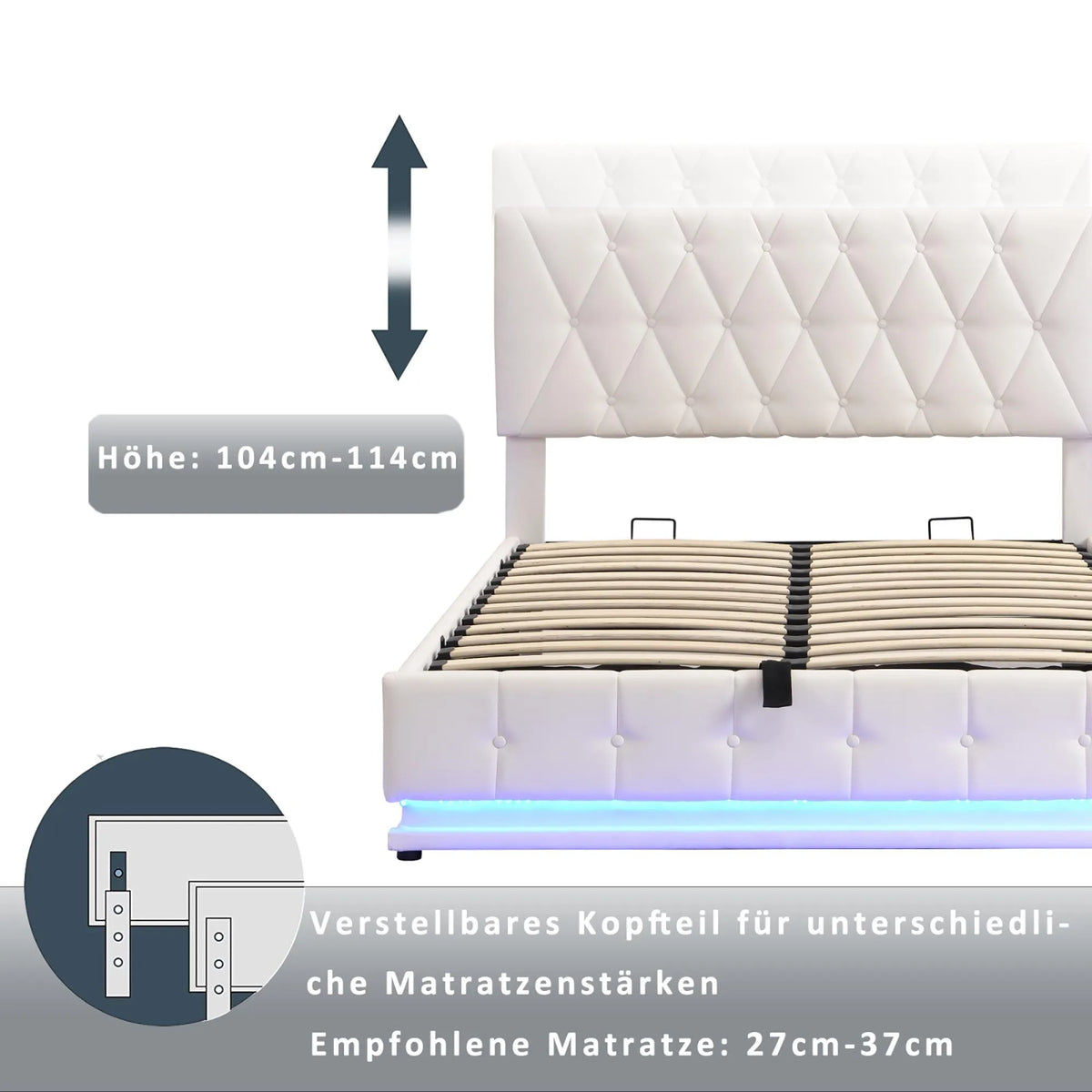 White Upholstered Bed, 140x200cm Double Bed, with Slatted Frame Artificial Leather Cover LED Lighting Hydraulically Liftable Bed - view 4