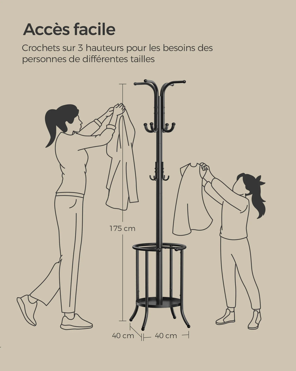 SONGMICS Coat Rack Freestanding, Coat Stand with Umbrella Holder, 12 Hooks, Metal, 175 cm Tall, for Entryway, Hallway - view 6