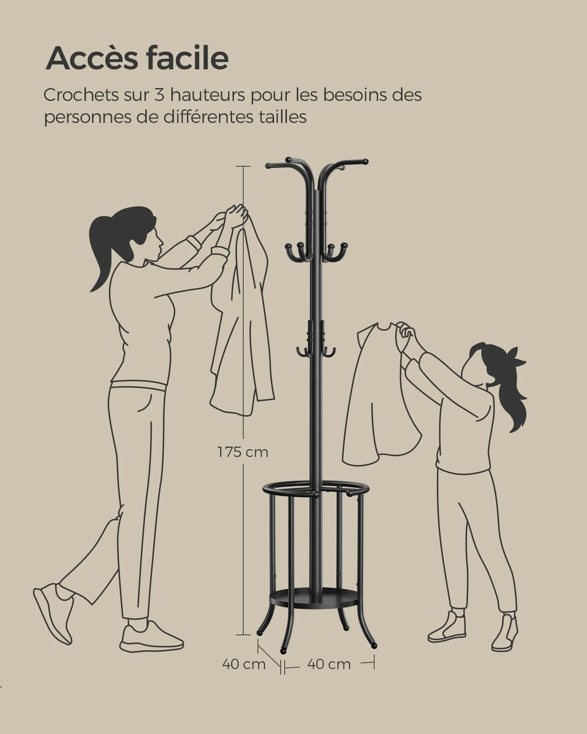 SONGMICS Coat Rack Freestanding, Coat Stand with Umbrella Holder, 12 Hooks, Metal, 175 cm Tall, for Entryway, Hallway - view 6