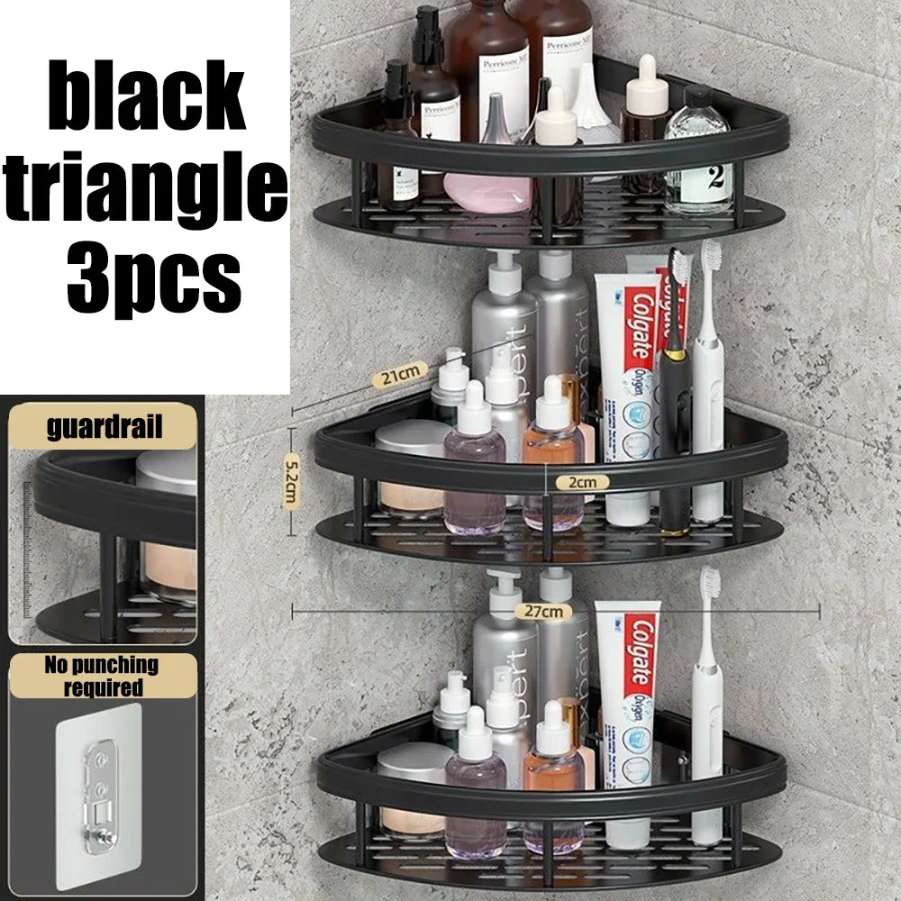 Wall corner shelf without piercing for shower and towels - Black-A-3PCS