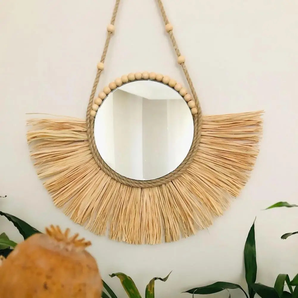 Hanging mirror in Raffia and decorative multifunctional wooden beads - view 6
