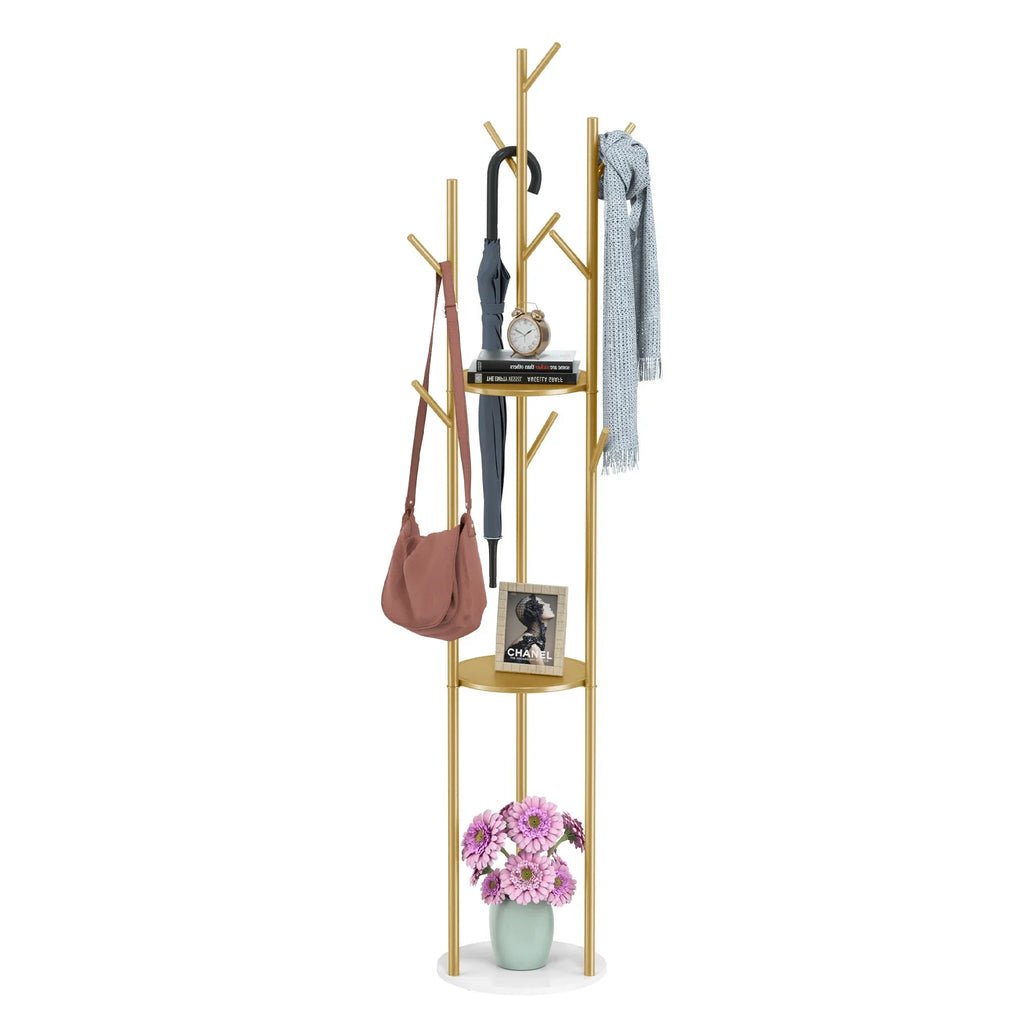 Marble Metal Coat Rack Freestanding with 3 Storage Shelves and 9 Hooks, Enterway Hall Tree for Hanging Coats, Jackets, Hats, Bag - view 5
