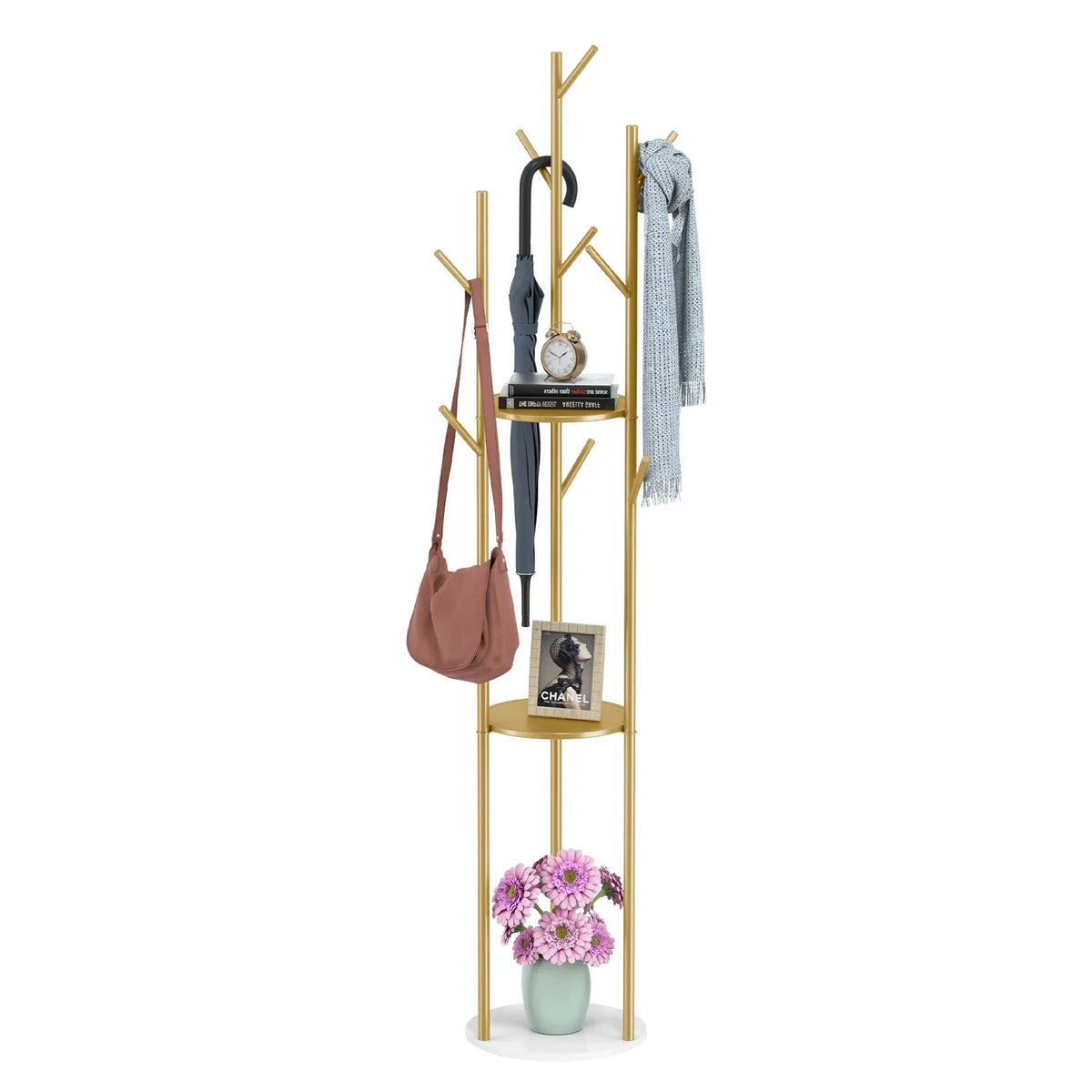 Marble Metal Coat Rack Freestanding with 3 Storage Shelves and 9 Hooks, Enterway Hall Tree for Hanging Coats, Jackets, Hats, Bag - view 5