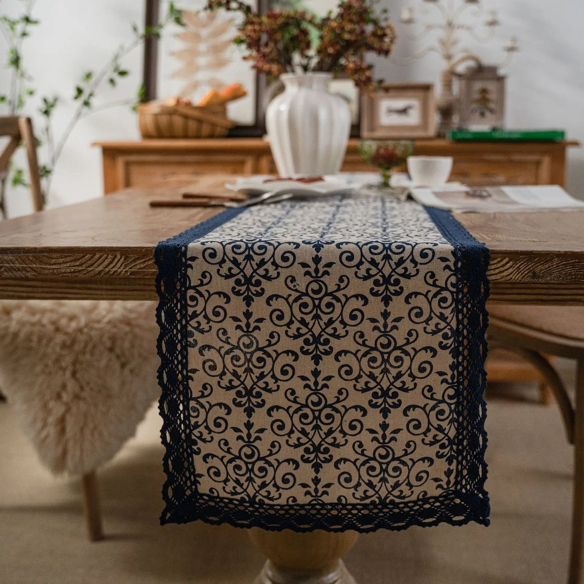 Table runner stripes blue navy lace country - view 3