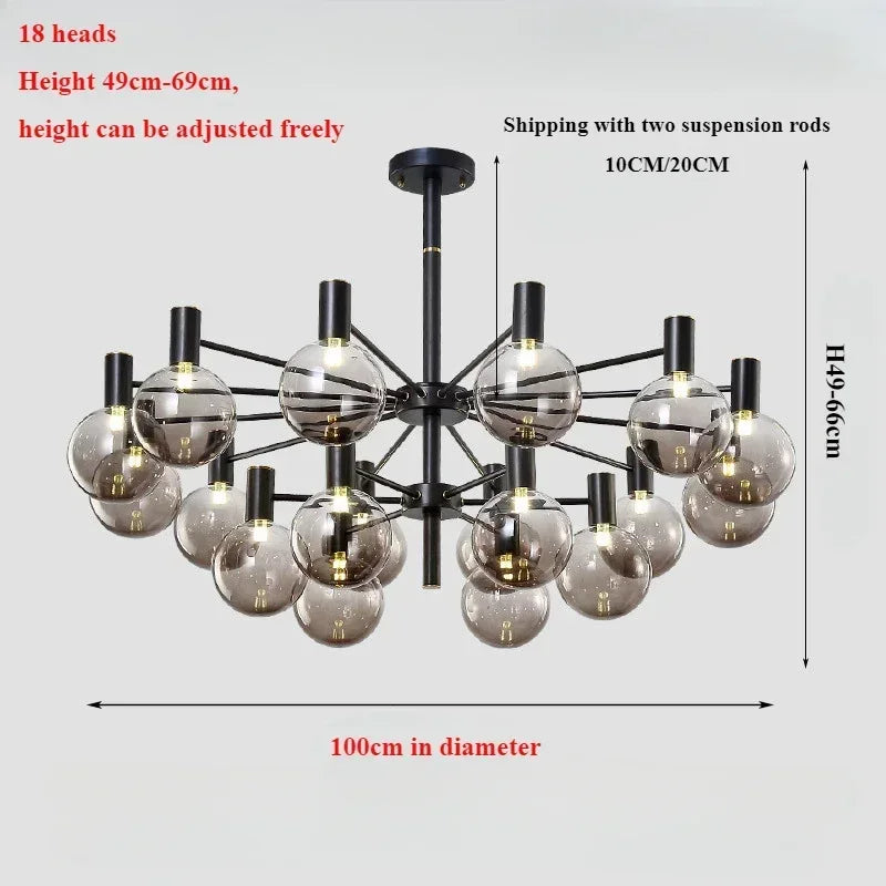 Nordic minimalist pendant light in glass for modern decoration - blac 18 heads / Smoke gray / Warm light
