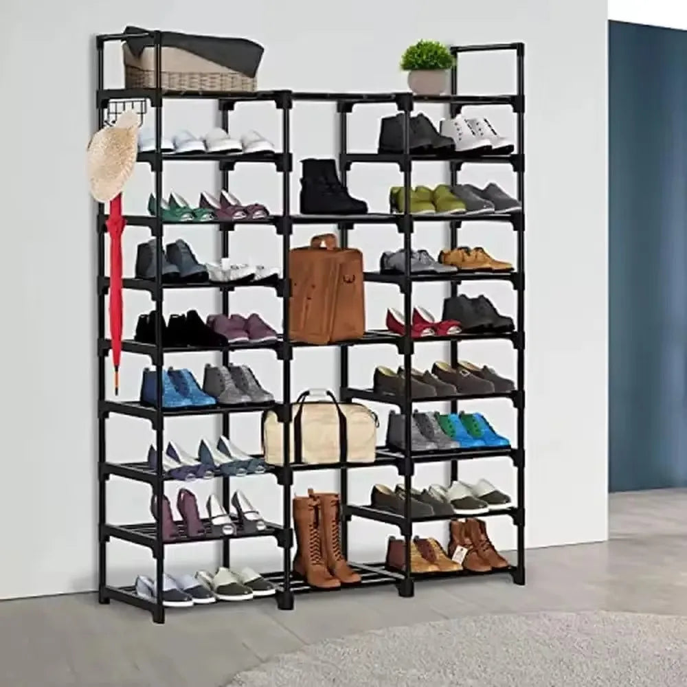 Metal shoe shelf with coat holder and integrated hooks - view 4