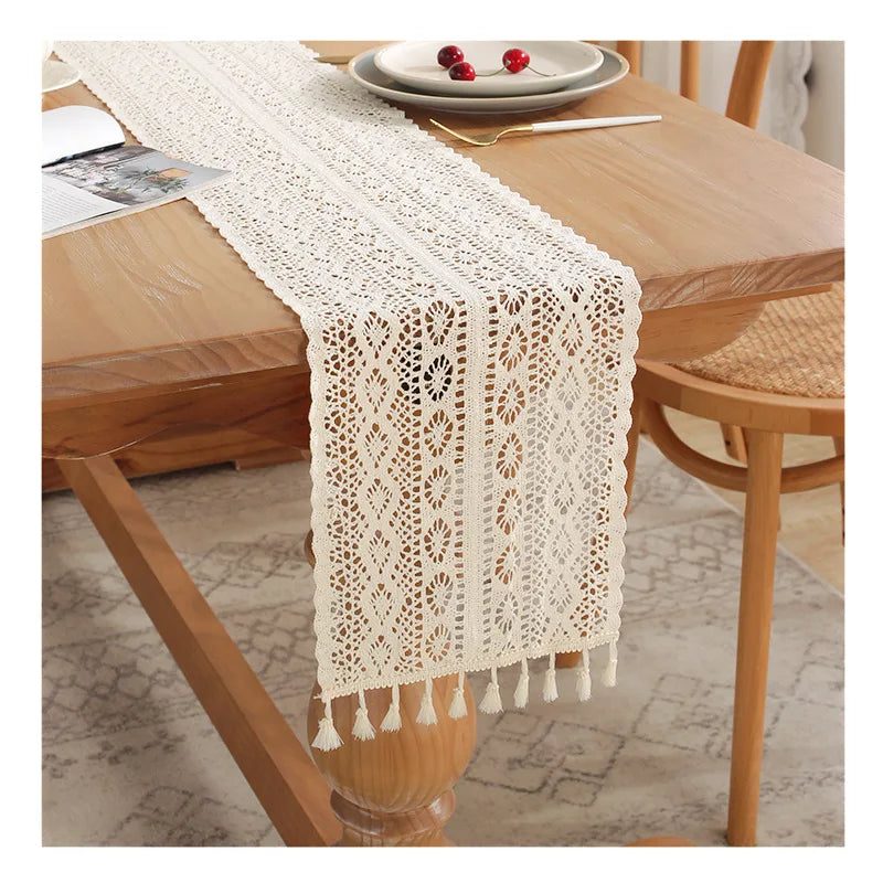 Lace table runner vintage style crochet pom-poms - view 2