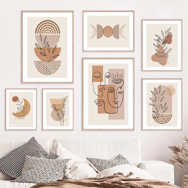 Wall art boho abstract face moon leaves modern decoration