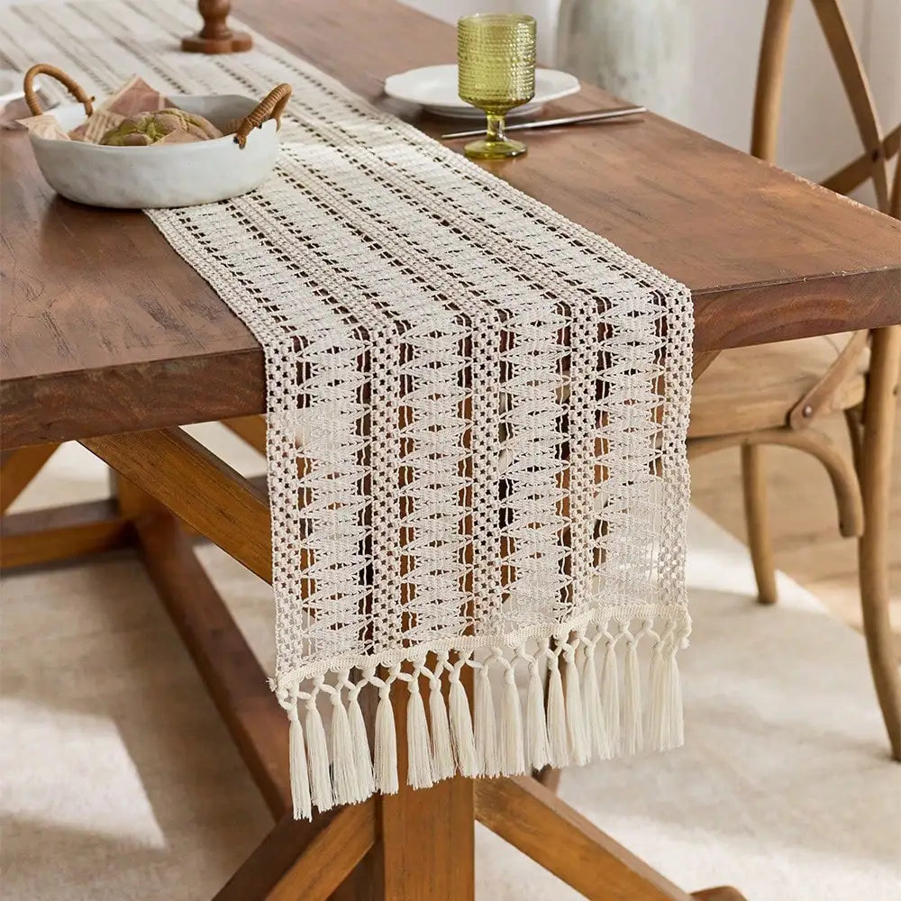 Artisanal Beige Bohemian Table Runner with Pom-Poms - view 3