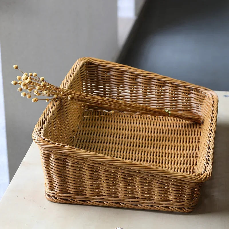 Service tray in woven basket rattan with handles for storage