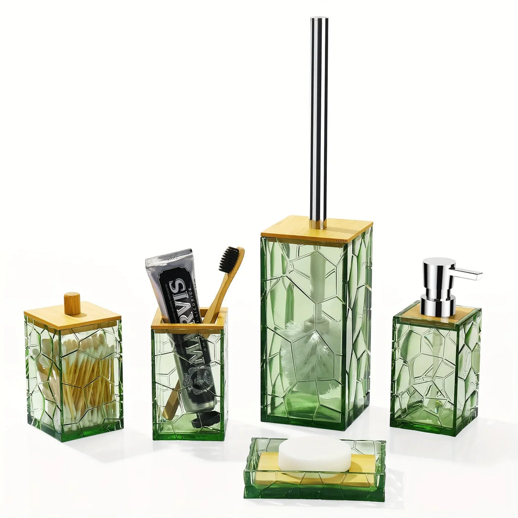 Bathroom Accessory Set, Acrylic Bamboo Accessories, Includes Toothbrush Holder, Soap Dispenser, Cotton Swab Holder, Soap Dish, T - Green